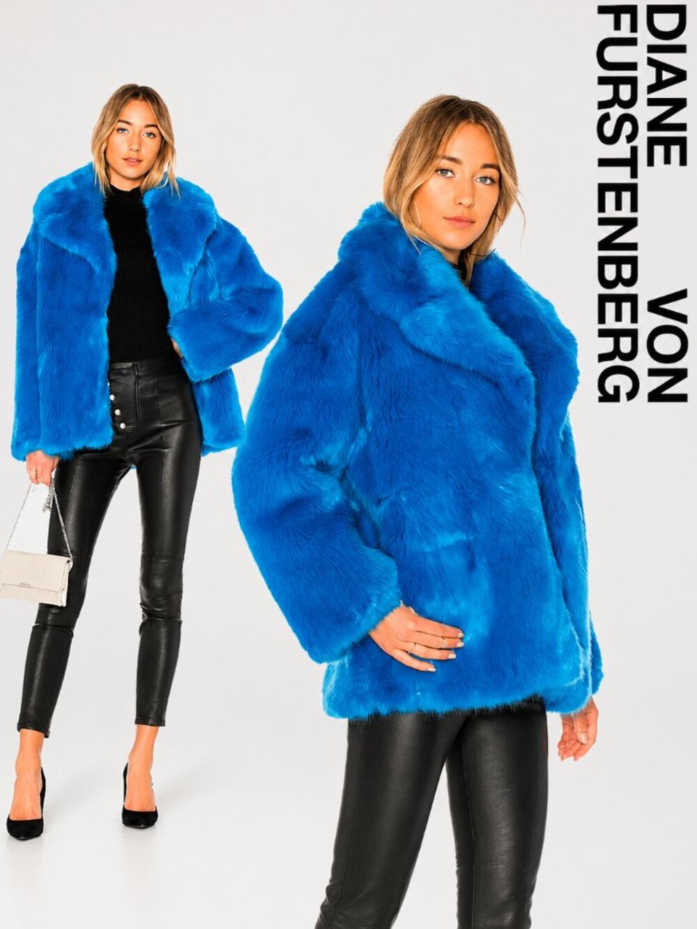 💥INSANELY BEAUTIFUL💥DVF Luxurious Collared Faux Fur Jacket in Cerulean Blue